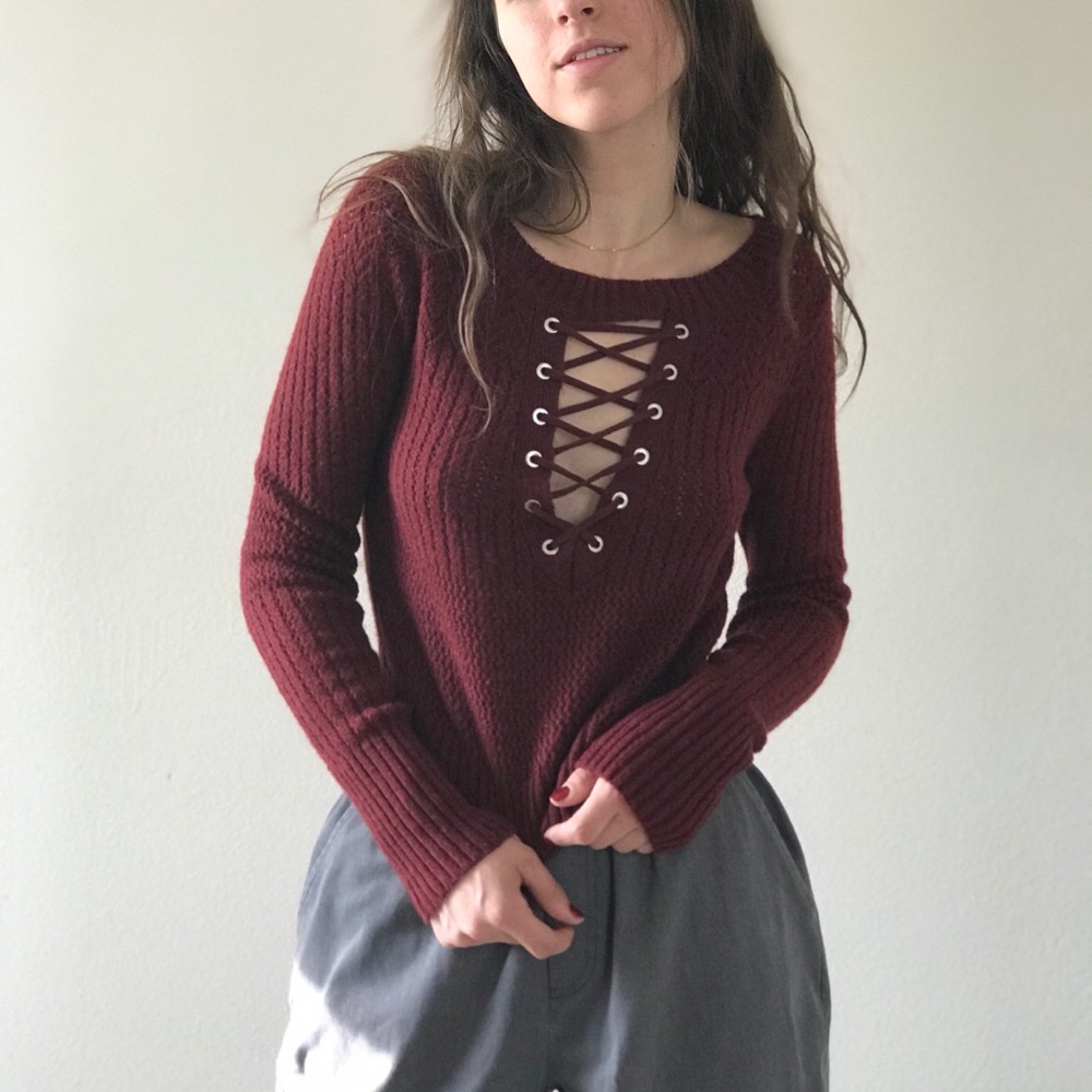 Maroon Lace Up Neck Knit Sweater